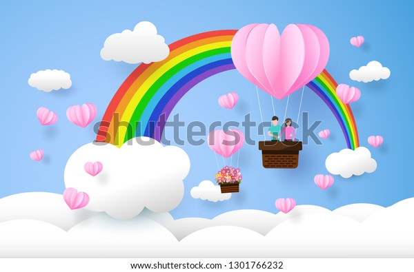 valentine day, beautiful flower , paper art style, rainbow and clouds in the sky