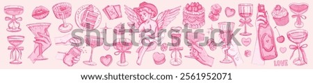 Valentine day beverages illustration set, bachelorette girl party, vector watercolor cupid angel. Woman hand martini glass, sparkling wine, alcohol cocktail drinks, sweet food. Valentine day print