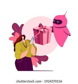 Valentine Day, Birthday or Holiday Robot Cyborg Giving Huge Gift Box for Client in Mobile App. Artificial intellect Send Congratulations to Customers. Chat bot Online shopping Flat Vector Illustration