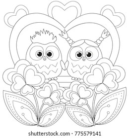 Valentine day black and white poster with an owl couple. Coloring book page for adults and kids. Romantic vector illustration for gift card, flyer, certificate or banner