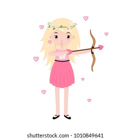 Valentine day blonde cupid girl with bow and love arrow.