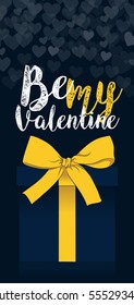 valentine day blue gift box with gold bow greeting card, vector illustration