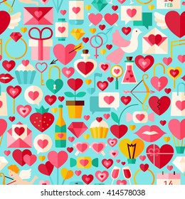 Patrón de San Valentín azul sin problemas. Ilustración vectorial de diseño plano de amor. Fondo de mosaico. Juego de artículos de matrimonio.