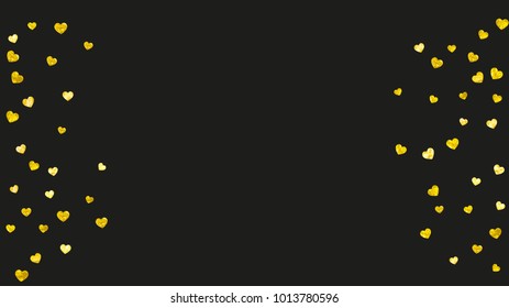 Valentine day border with gold glitter sparkles. February 14th day. Vector confetti for valentine day border template. Grunge hand drawn texture. Love theme for poster, gift certificate, banner.