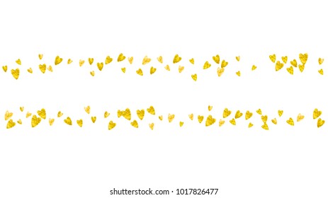 Valentine day border with gold glitter sparkles. February 14th day. Vector confetti for valentine day border template. Grunge hand drawn texture. Love theme for voucher, special business ad, banner.