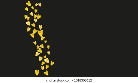 Valentine day border with gold glitter sparkles. February 14th day. Vector confetti for valentine day border template. Grunge hand drawn texture. Love theme for flyer, special business offer, promo.