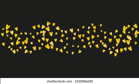 Valentine day border with gold glitter sparkles. February 14th day. Vector confetti for valentine day border template. Grunge hand drawn texture. Love theme for flyer, special business offer, promo.