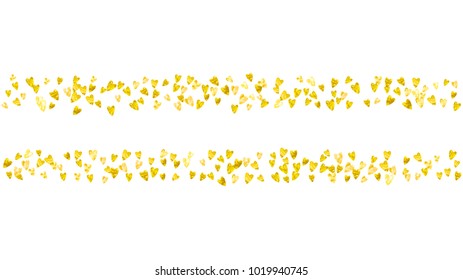 Valentine day border with gold glitter sparkles. February 14th day. Vector confetti for valentine day border template. Grunge hand drawn texture. Love theme for gift coupons, vouchers, ads, events.