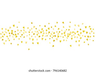 Valentine day border with gold glitter sparkles. February 14th day. Vector confetti for valentine day border template. Grunge hand drawn texture. Love theme for flyer, special business offer, promo.