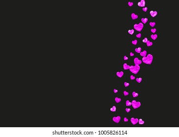 Valentine day border with pink glitter sparkles. February 14th day. Vector confetti for valentine day border template. Grunge hand drawn texture. Love theme for voucher, special business ad, banner.
