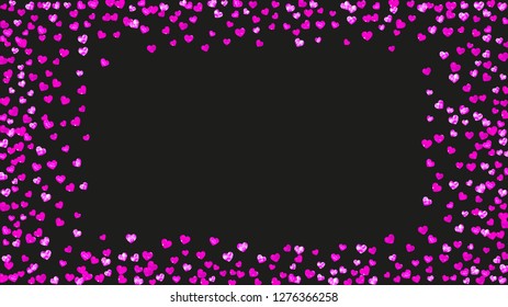 Valentine day border with pink glitter sparkles. February 14th day. Vector confetti for valentine day border template. Grunge hand drawn texture. Love theme for party invite, retail offer and ad.