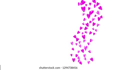 Valentine day border with pink glitter sparkles. February 14th day. Vector confetti for valentine day border template. Grunge hand drawn texture. Love theme for voucher, special business ad, banner.