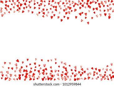 Valentine day border with red glitter sparkles. February 14th day. Vector confetti for valentine day border template. Grunge hand drawn texture. Love theme for party invite, retail offer and ad.