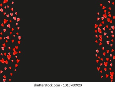 Valentine day border with red glitter sparkles. February 14th day. Vector confetti for valentine day border template. Grunge hand drawn texture. Love theme for special business offer, banner, flyer.