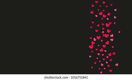 Valentine day border with red glitter sparkles. February 14th day. Vector confetti for valentine day border template. Grunge hand drawn texture. Love theme for gift coupons, vouchers, ads, events.