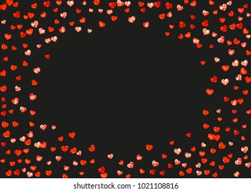 Valentine day border with red glitter sparkles. February 14th day. Vector confetti for valentine day border template. Grunge hand drawn texture. Love theme for special business offer, banner, flyer.