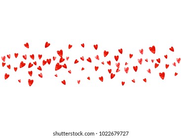 Valentine day border with red glitter sparkles. February 14th day. Vector confetti for valentine day border template. Grunge hand drawn texture. Love theme for special business offer, banner, flyer.