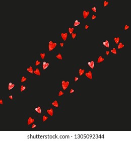 Valentine day border with red glitter sparkles. February 14th day. Vector confetti for valentine day border template. Grunge hand drawn texture. Love theme for special business offer, banner, flyer.