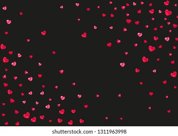 Valentine day border with red glitter sparkles. February 14th day. Vector confetti for valentine day border template. Grunge hand drawn texture. Love theme for gift coupons, vouchers, ads, events.