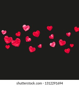 Valentine day border with red glitter sparkles. February 14th day. Vector confetti for valentine day border template. Grunge hand drawn texture. Love theme for party invite, retail offer and ad.