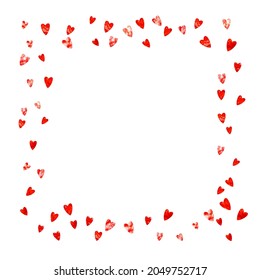 Valentine day border with red glitter sparkles. February 14th day. Vector confetti for valentine day border template. Grunge hand drawn texture. Love theme for poster, gift certificate, banner.