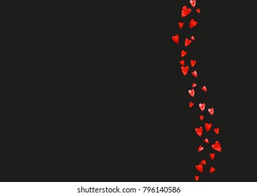 Valentine day border with red glitter sparkles. February 14th day. Vector confetti for valentine day border template. Grunge hand drawn texture. Love theme for gift coupons, vouchers, ads, events.