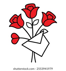 Valentine Day Bouquet Red Roses Outline.
