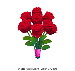 Valentine Day bouquet of red roses symbolizing love, passion and romance for holiday celebration or romantic occasion. Isolated cartoon vector stunning gift flowers arranged with vibrant green leaves