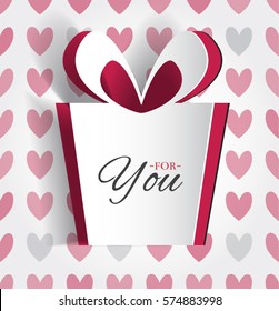 Valentine' day box(cut the paper). White and red origami paper vector. Birthday Gift and greeting card template.Paper card with creative present. Stylish text. Creative realistic notch out, sticker