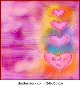 Valentine day bright vector background with hearts on abstract paint texture. Colorful valentine day art. As greeting card, wallpaper, flyer,banner,for print. Eps 10.
