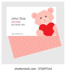 Valentine day Business card, teddy bear with heart cute card on pink background background