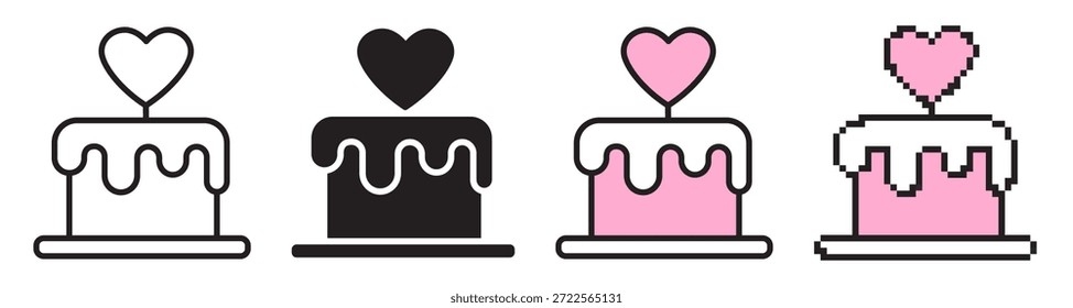 Icono de pastel de San Valentín con corazón. Incluye línea con trazo editable, silueta sólida, relleno de color y estilos de pixel art. Ilustración vectorial dulce del postre de la panadería aislada en blanco.