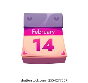 Valentine Day calendar page showing February 14th date, highlighted with pink hearts for expressing love and celebrating romantic holiday event. Isolated cartoon vector reminder for Valentines day