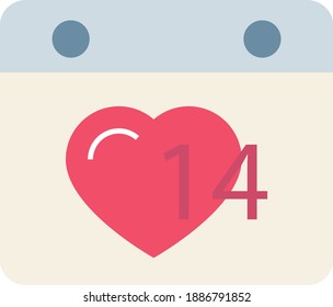Valentine Day Calendar Sign, 14th February Vector Color Icon Design