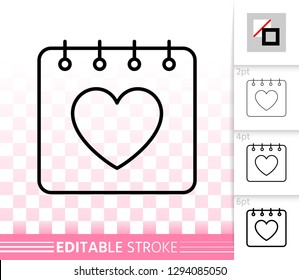Valentine day calendar thin line icon. Outline web sign of love day. February 14 linear pictogram, different stroke width. Simple vector symbol, transparent backdrop. Editable stroke icon without fill