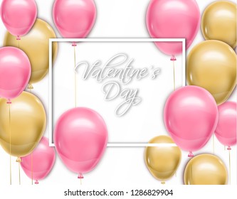 Valentine day card with balloons Vector realistic. Pink and yellow joyful colorful postcard