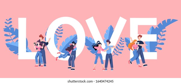 Valentine day card or banner concept. People in love. Lover celebrate romantic date. Idea of relationship and love. Valentine's card message. Isolated vector illustration in cartoon style