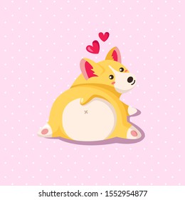 Valentine Day card - cartoon kawaii corgi dog or puppy, cute flat cartoon holiday character and romantic background, vector illustration for postcard, poster, clothes print