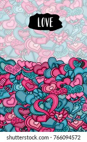 Valentine day card. Cartoon style hearts background. Vector illustration.