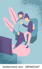 Valentine Day card with cozy couple at home, hand drawn vertical vector illustration. Long-term couple scene. St Valentine Day greeting postcard for wife or husband. 14 February concept card