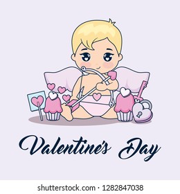valentine day card with cupid and set icons