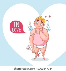 Valentine day card with cute cupid character. Part of big set of cartoon cupids for Valentines day design, banners, site, card, calendar, stickers, print, greeting card, flyers. Feeling Love emotion.