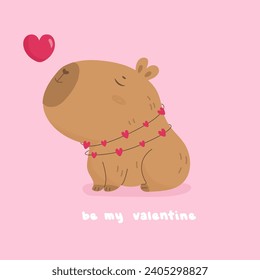Valentine day card with cute lovely capybara