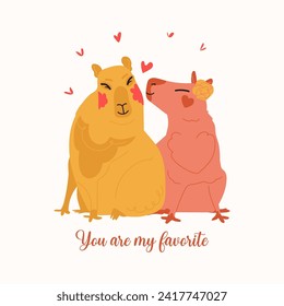 Valentine Day card with cute lovely capybara couple. Romance kiss vector animal flat illustration