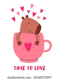 Tarjeta de San Valentín. Hermoso capibara en taza. Es hora de amar.