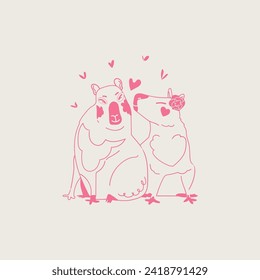 Valentine Day card with cute lovely capybara couple. Romance kiss vector animal outline illustration