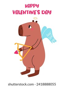 Tarjeta de San Valentín. Bonito y cupido capibara. Feliz Día de San Valentín.