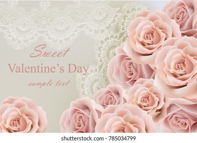Valentine day Card with delicate roses and lace Vector