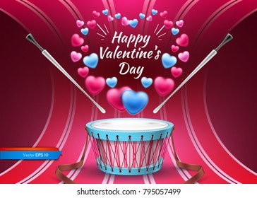 Valentine day card with drum Vector. Colorful hearts backgrounds