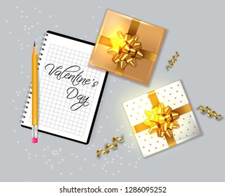 Valentine day card with gift boxes Vector realistic. Notesbook text. Celebrate love card. 3d detailed illustrations